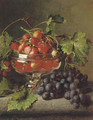 Strawberries in a glass bowl with grapes on a ledge - Adriana-Johanna Haanen