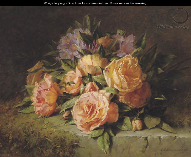 Pink roses and rhododendrons on a marble ledge - Adriana-Johanna Haanen