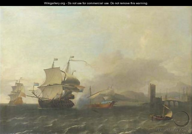 A naval engagement off the coast of a harbour town - Aernout Smit
