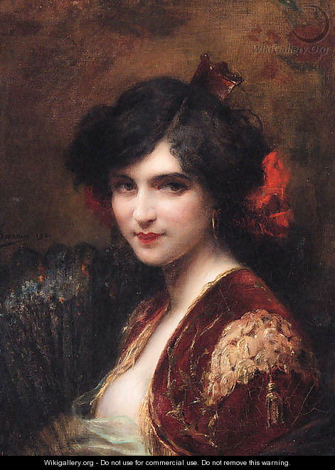 Portrait of a Spanish Lady, bust-length, wearing a red jacket with gold brocade, holding a fan - Adrien Henri Tanoux