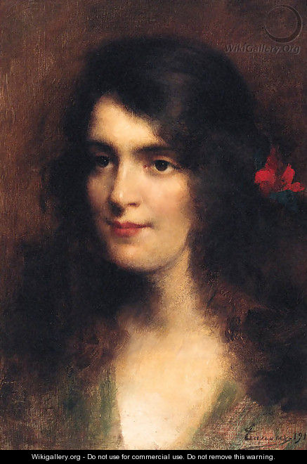 A Young Beauty With A Red Flower In Her Hair - Adrien Henri Tanoux