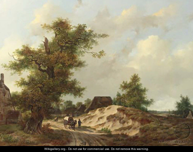 Travellers on a sandy track through a village in a wooded landscape - Adrianus Van Der Koogh