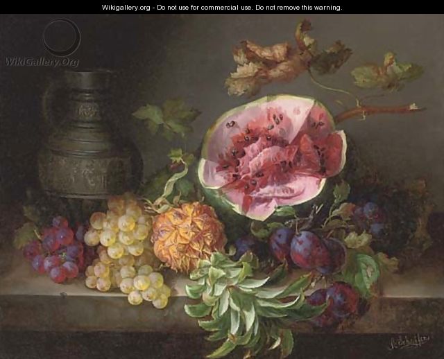 A watermelon and other fruit by an ornamental ewer - Adalbert Schaffer