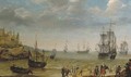 A rocky coastal scene with fisherfolk bringing in their catch, a Man-of-War and other shipping offshore - Abraham Willaerts