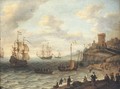 A coastal landscape with shipping and fishermen selling their catch, a fortified settlement on the cliffs beyond - Abraham Willaerts