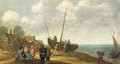 A coastal landscape with fish sellers by a beached boat, a village beyond - Abraham Willaerts