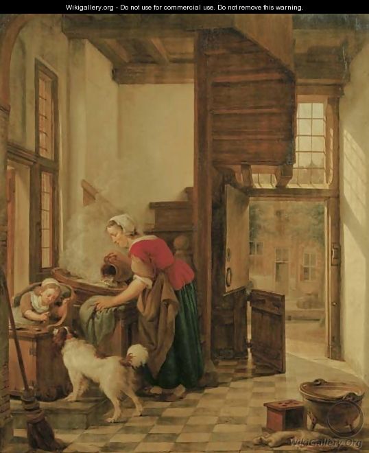 An interior with a child seated in a high chair teasing a dog, a servant washing by the window behind her - Abraham van, I Strij