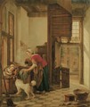 An interior with a child seated in a high chair teasing a dog, a servant washing by the window behind her - Abraham van, I Strij