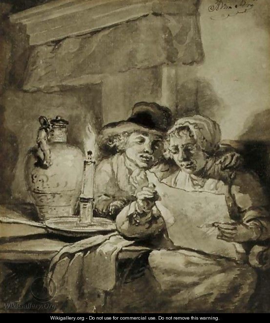 A couple reading by candlelight - Abraham van, I Strij
