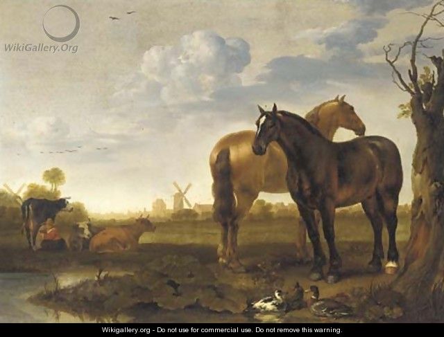 Two horses and a milkmaid with cows in a landscape with a pond, a view of a city beyond - Abraham Van Calraet
