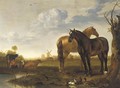 Two horses and a milkmaid with cows in a landscape with a pond, a view of a city beyond - Abraham Van Calraet