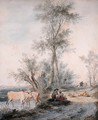 Herdsmen watering their cattle by a wooded road - Lievine Teerlink