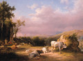 Buffaloes in the Roman Campagna at sunset with cattle, shepherds and tavellers by a ruined wall beyond - Lievine Teerlink