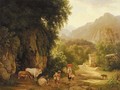 An Italianate landscape with travellers and peasants on a mountain track, others praying in front of a chapel beyond - Lievine Teerlink