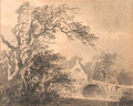A figure on a bridge by a house, a tree in the foreground - Lievine Teerlink