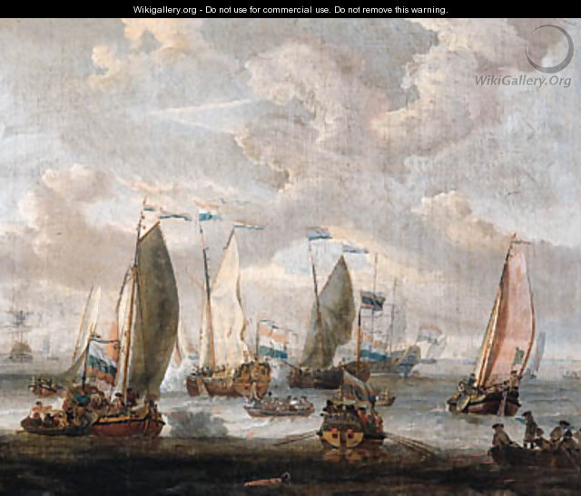 State yachts, rowing boats and other shipping, welcoming the arrival of merchantmen from the West Indian Company on the Y, Amsterdam - Abraham Storck