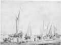 Sailing vessels moored off a beach, with figures unloading small boats - Abraham Storck