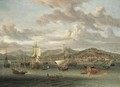 Dutch shipping off the Bay of Smyrna with a state barge - Abraham Storck