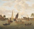 A view of Amsterdam with the Trekschuit and Smalschips on the River Buiten-Amstel near the Hooge Sluis with elegant figures, carriages and townsfolk - Abraham Storck