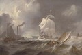 A two-decker emerging from Portsmouth harbour into rough waters - Richard Bridges Beechey