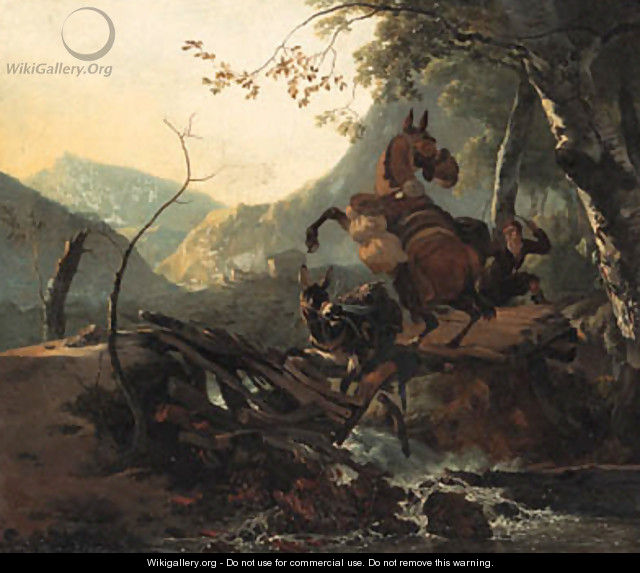 An Italianate landscape with a donkey and a rearing horse crossing a collapsing bridge - Adam Pynacker