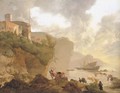 A coastal landscape with stevedores unloading a ship, a castle beyond - Adam Pynacker