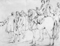 Two mounted Officers, a third behind and a group of five men conferring, some gesturing to the left - Adam Frans van der Meulen