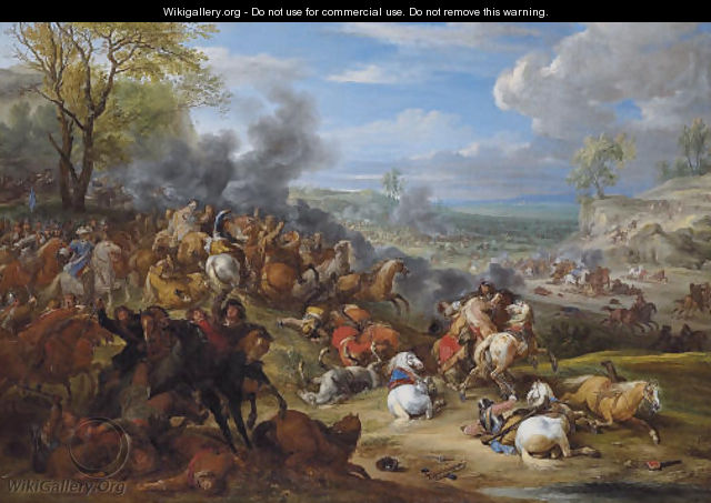 French troops in battle in an extensive landscape - Adam Frans van der Meulen