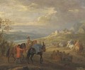 An extensive river landscape with a cavalry troop on a path, a ruined castle beyond - Adam Frans van der Meulen