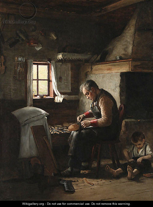 Interior with man and child - Adolf von Becker