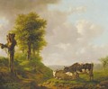 A hilly landscape with a cowherd and his cattle - Adolf Karel Maximilian Engel