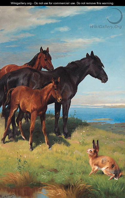 Ponies and a Hare overlooking the Sea - Adolf Henrik Mackeprang
