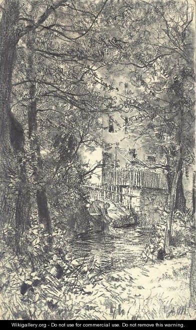 A washerwoman in a forest by a stream - Adolph von Menzel