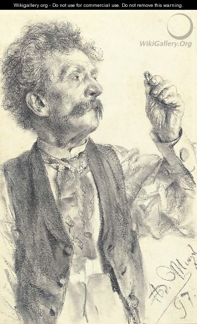 A man holding up a ring, three-quarter-length - Adolph von Menzel
