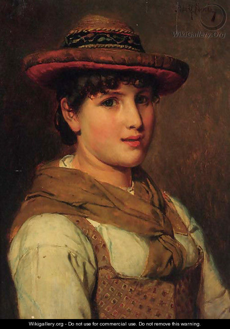 A portrait of a young lady, half-length, wearing a hat - Adolf Eberle