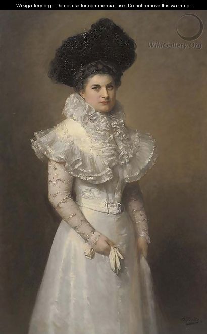 Portrait of a lady, three-quarter-length, in a white dress and black hat - Adolphe Weisz