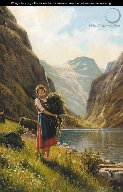 A young woman harvesting in a fjord scene - Adelsteen Normann
