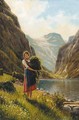 A young woman harvesting in a fjord scene - Adelsteen Normann