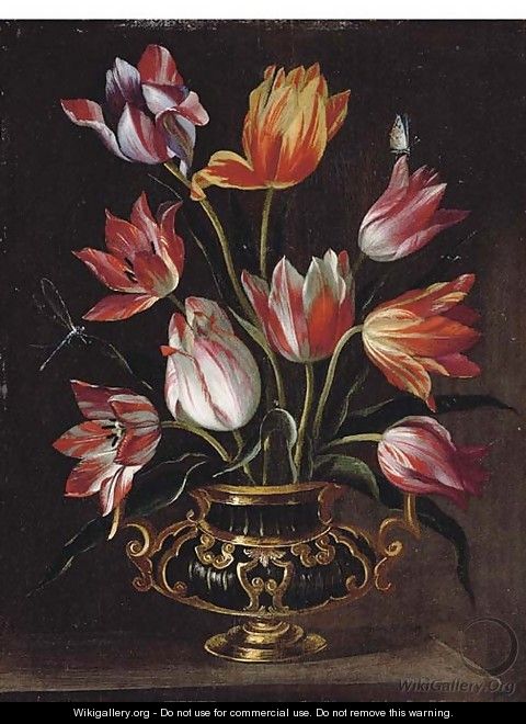 Parrot tulips in an urn with a dragonfly and a butterfly on a stone ledge - Abraham Brueghel