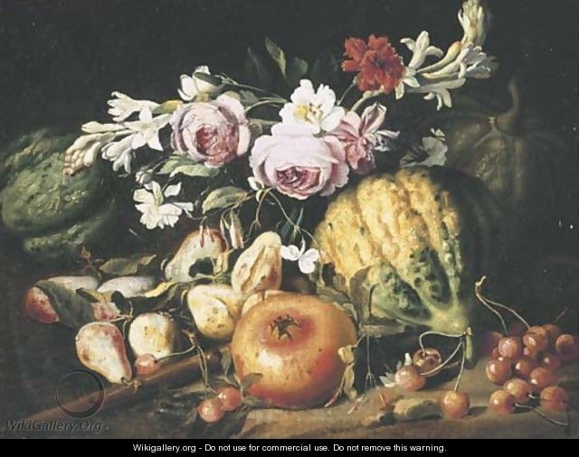 Melons, figs, cherries, a pomegranate and mixed flowers in a clearing - Abraham Brueghel