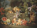 A watermelon, cherries, peaches, apricots, plums, pomegranate and figs with lilies, roses, morning glory and other flowers on an acanthus stone relief - Abraham Brueghel