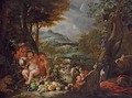 Silenus, with centaurs, leopards and a barrel of fruit in an extensive river landscape - Abraham Brueghel