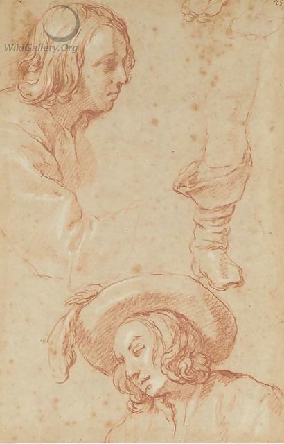 Studies of a boy, half-length, in profile to the right, and the same in a plumed hat looking down to the left, and a study of a right leg - Abraham Bloemaert