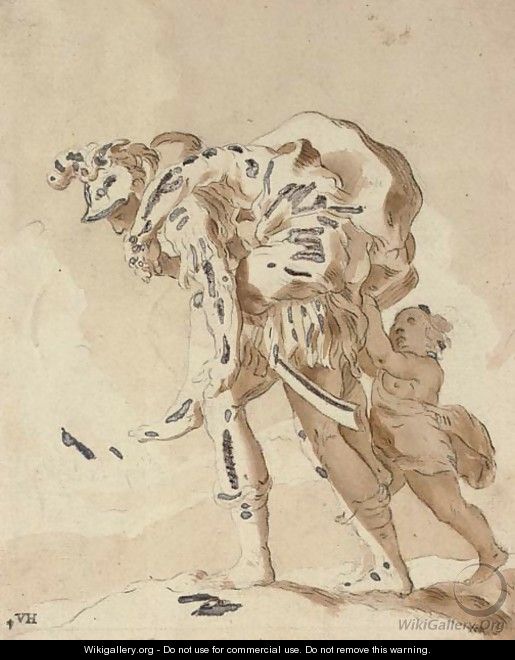 Aeneas carrying his father Anchises from the ruins of Troy, his son Ascanius beside him - Abraham Bloemaert