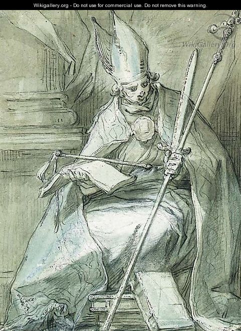 A seated Bishop holding a Crozier, a Sword, a Whip and a Book - Abraham Bloemaert