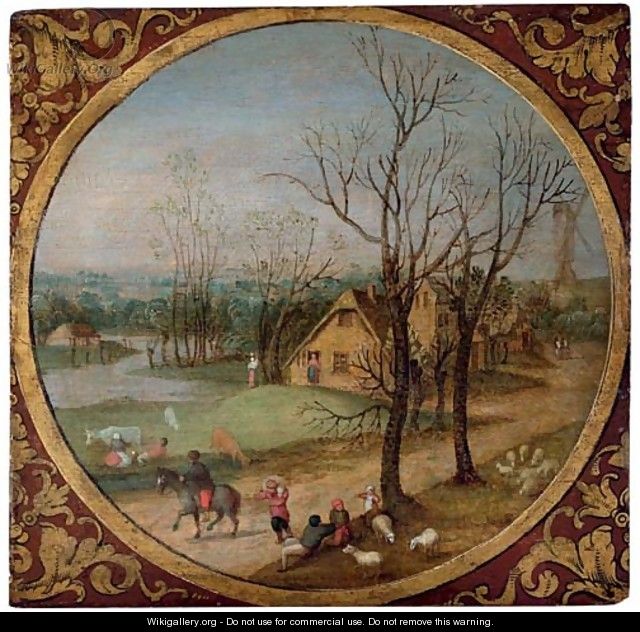 Autumn A village scene with peasants and livestock by a road, cottages and a windmill beyond, in a feigned roundel - Abel Grimmer