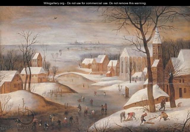 A wooded winter river landscape with a town, skaters and woodchoppers, another town beyond - Abel Grimmer