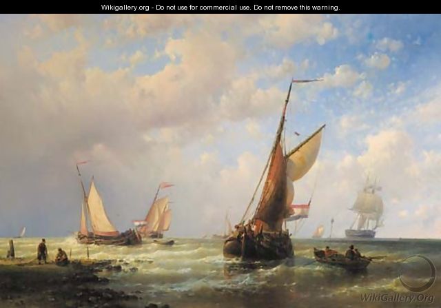 Dutch fishingboats setting out to sea with fishermen on the shore - Abraham Hulk Jun.
