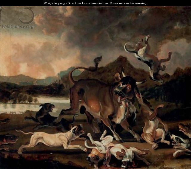 Hounds attacking a bull in a river landscape - Abraham Danielsz Hondius