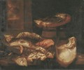 A ray, a salmon steak, crabs and other fish in a basket on a wooden ledge before a window - Abraham Hendrickz Van Beyeren